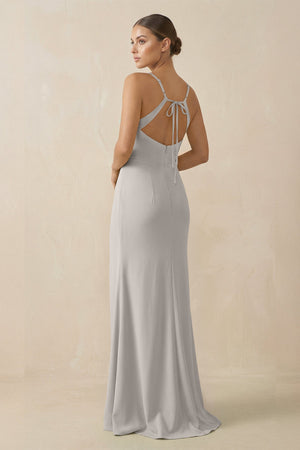Sheath Spaghetti Straps Chiffon Long Bridesmaid Dress in Silver - KissProm Bridesmaid Dresses