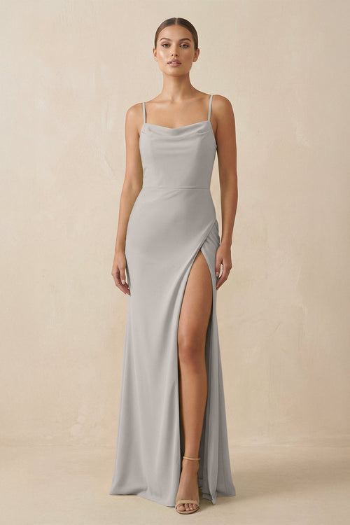 Sheath Spaghetti Straps Chiffon Long Bridesmaid Dress in Silver - KissProm Bridesmaid Dresses