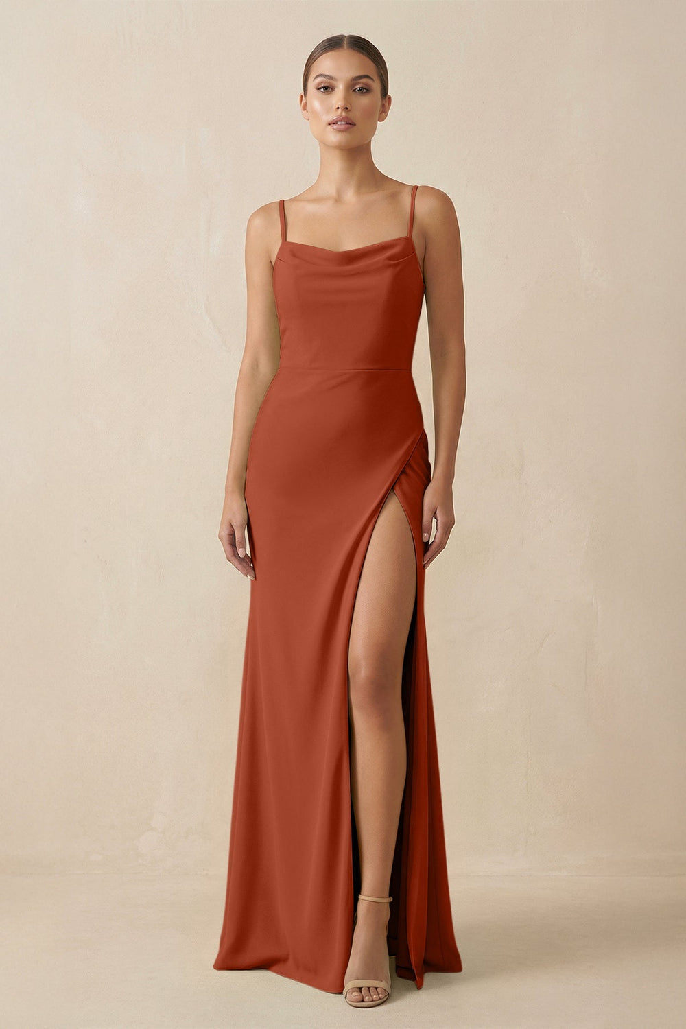 Sheath Spaghetti Straps Chiffon Long Bridesmaid Dress in Spice - KissProm Bridesmaid Dresses