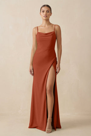 Sheath Spaghetti Straps Chiffon Long Bridesmaid Dress in Spice - KissProm Bridesmaid Dresses