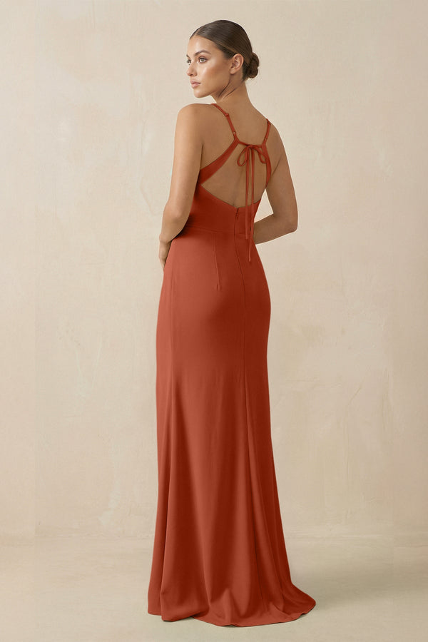 Sheath Spaghetti Straps Chiffon Long Bridesmaid Dress in Spice - KissProm Bridesmaid Dresses