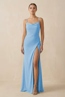 Sheath Spaghetti Straps Chiffon Long Bridesmaid Dress in Steel Blue - KissProm Bridesmaid Dresses