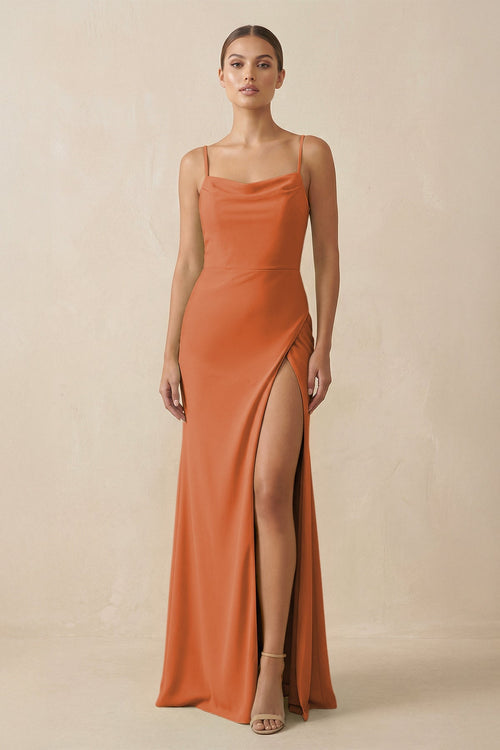 KissProm Sheath Spaghetti Straps Chiffon Long Bridesmaid Dress in Terracotta, Terracotta / 26