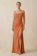 Sheath Spaghetti Straps Chiffon Long Bridesmaid Dress in Terracotta - KissProm Bridesmaid Dresses