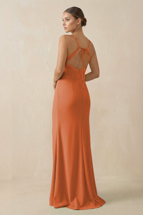 Sheath Spaghetti Straps Chiffon Long Bridesmaid Dress in Terracotta - KissProm Bridesmaid Dresses
