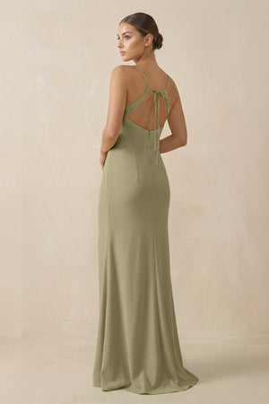Sheath Spaghetti Straps Chiffon Long Bridesmaid Dress in Thyme - KissProm Bridesmaid Dresses