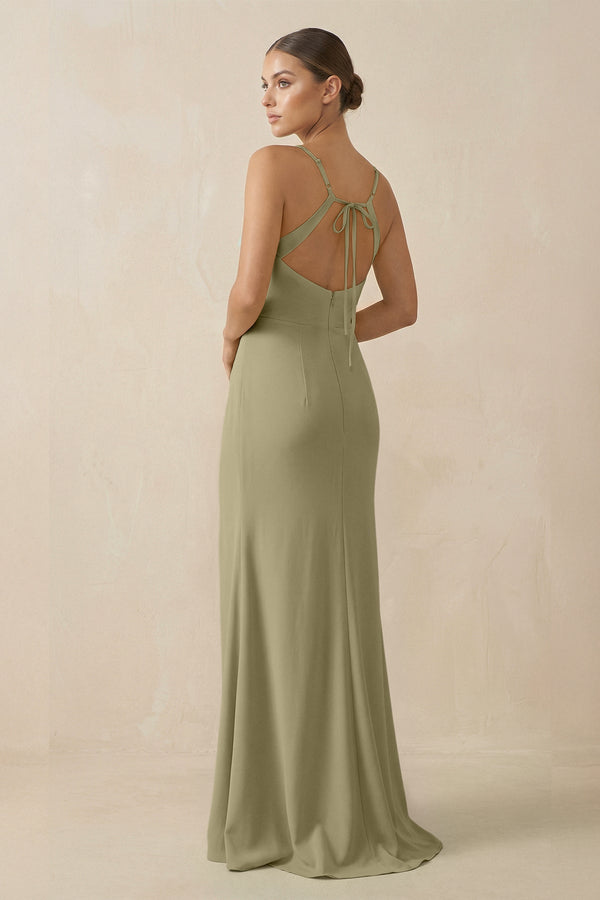 Sheath Spaghetti Straps Chiffon Long Bridesmaid Dress in Thyme - KissProm Bridesmaid Dresses