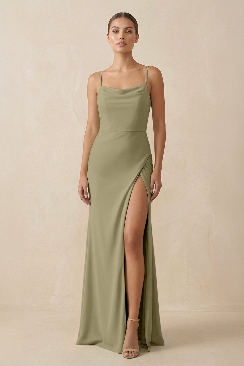 Sheath Spaghetti Straps Chiffon Long Bridesmaid Dress in Thyme - KissProm Bridesmaid Dresses