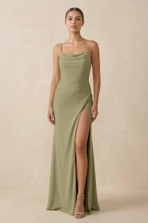 Sheath Spaghetti Straps Chiffon Long Bridesmaid Dress in Thyme - KissProm Bridesmaid Dresses