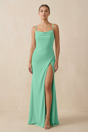 Sheath Spaghetti Straps Chiffon Long Bridesmaid Dress in Turquoise - KissProm Bridesmaid Dresses