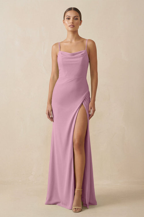 Sheath Spaghetti Straps Chiffon Long Bridesmaid Dress in Vintage Mauve - KissProm Bridesmaid Dresses