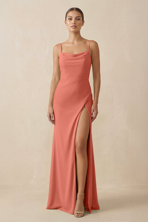 Sheath Spaghetti Straps Chiffon Long Bridesmaid Dress in Wild Rose - KissProm Bridesmaid Dresses