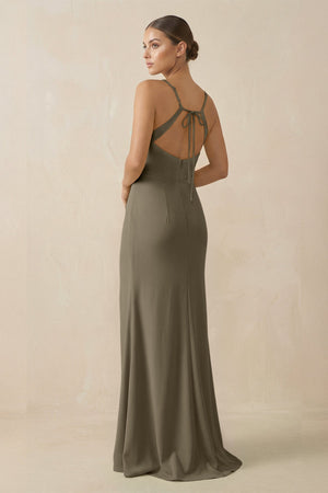 Sheath Spaghetti Straps Chiffon Long Bridesmaid Dress in Willow Green - KissProm Bridesmaid Dresses