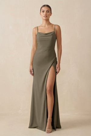 Sheath Spaghetti Straps Chiffon Long Bridesmaid Dress in Willow Green - KissProm Bridesmaid Dresses