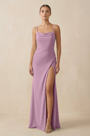 Sheath Spaghetti Straps Chiffon Long Bridesmaid Dress in Wisteria - KissProm Bridesmaid Dresses