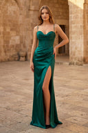 Sheath Spaghetti Straps Corset Satin Prom Dress with Split - KISSPROM PROM DRESSES