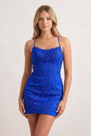 Royal Blue Sheath Spaghetti Straps Lace Short Homecoming Dresses-KISSPROM