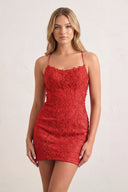 Red Sheath Spaghetti Straps Lace Short Homecoming Dresses-KISSPROM