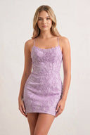 Lavender Sheath Spaghetti Straps Lace Short Homecoming Dresses-KISSPROM