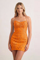 Orange Sheath Spaghetti Straps Lace Short Homecoming Dresses-KISSPROM