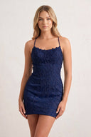 Navy Blue Sheath Spaghetti Straps Lace Short Homecoming Dresses-KISSPROM