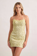 Yellow Sheath Spaghetti Straps Lace Short Homecoming Dresses-KISSPROM