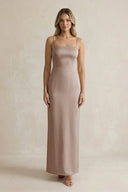 Sheath Spaghetti Straps Satin Bridesmaid Dress in Almond - KissProm Bridesmaid Dresses