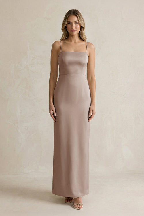 Sheath Spaghetti Straps Satin Bridesmaid Dress in Almond - KissProm Bridesmaid Dresses