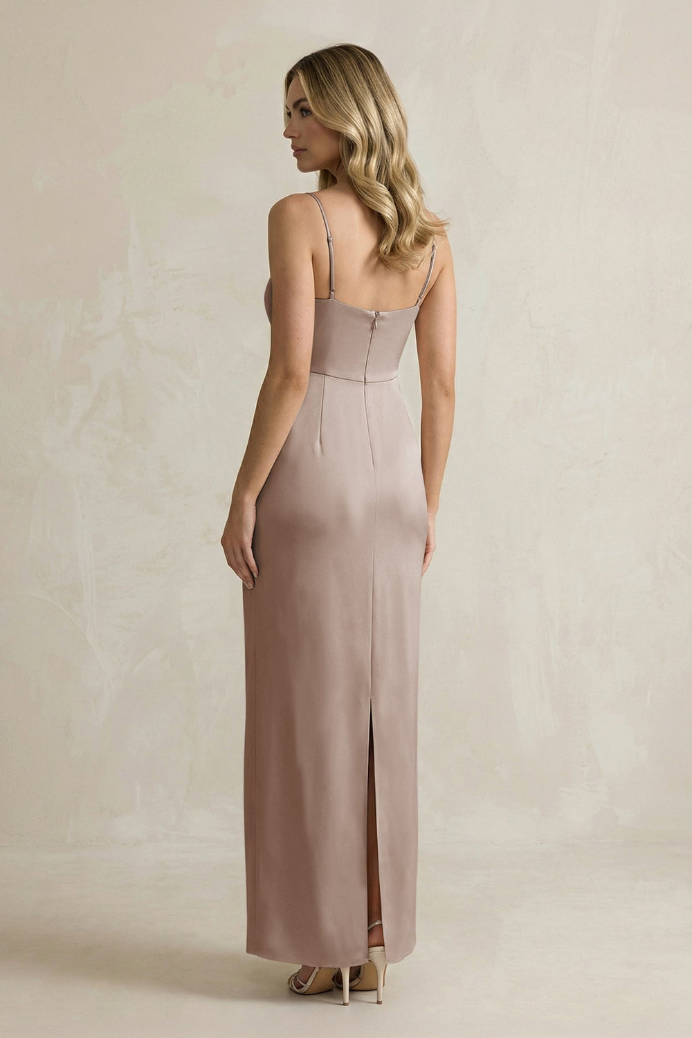 Sheath Spaghetti Straps Satin Bridesmaid Dress in Almond - KissProm Bridesmaid Dresses