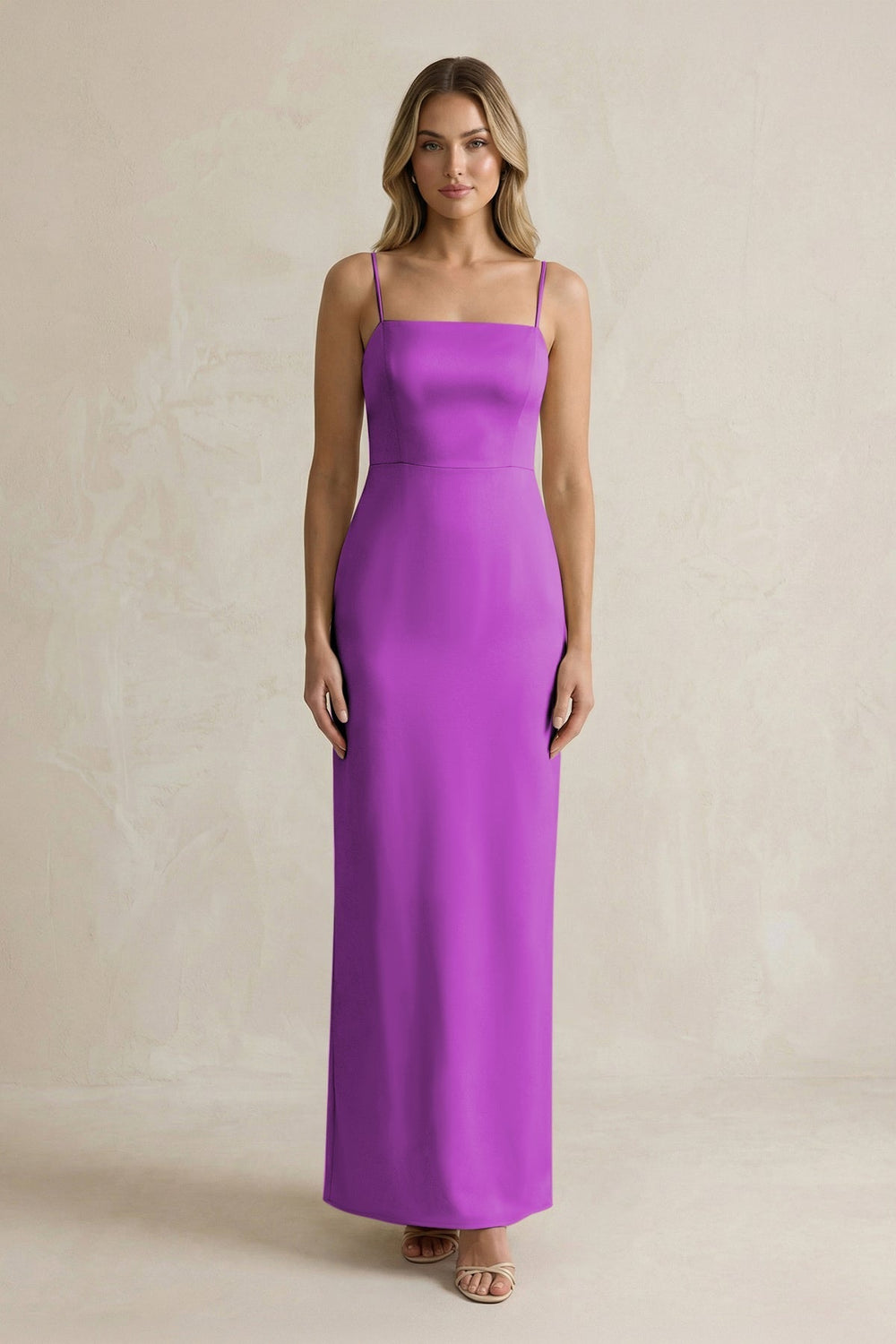 Sheath Spaghetti Straps Satin Bridesmaid Dress in Amethyst - KissProm Bridesmaid Dresses