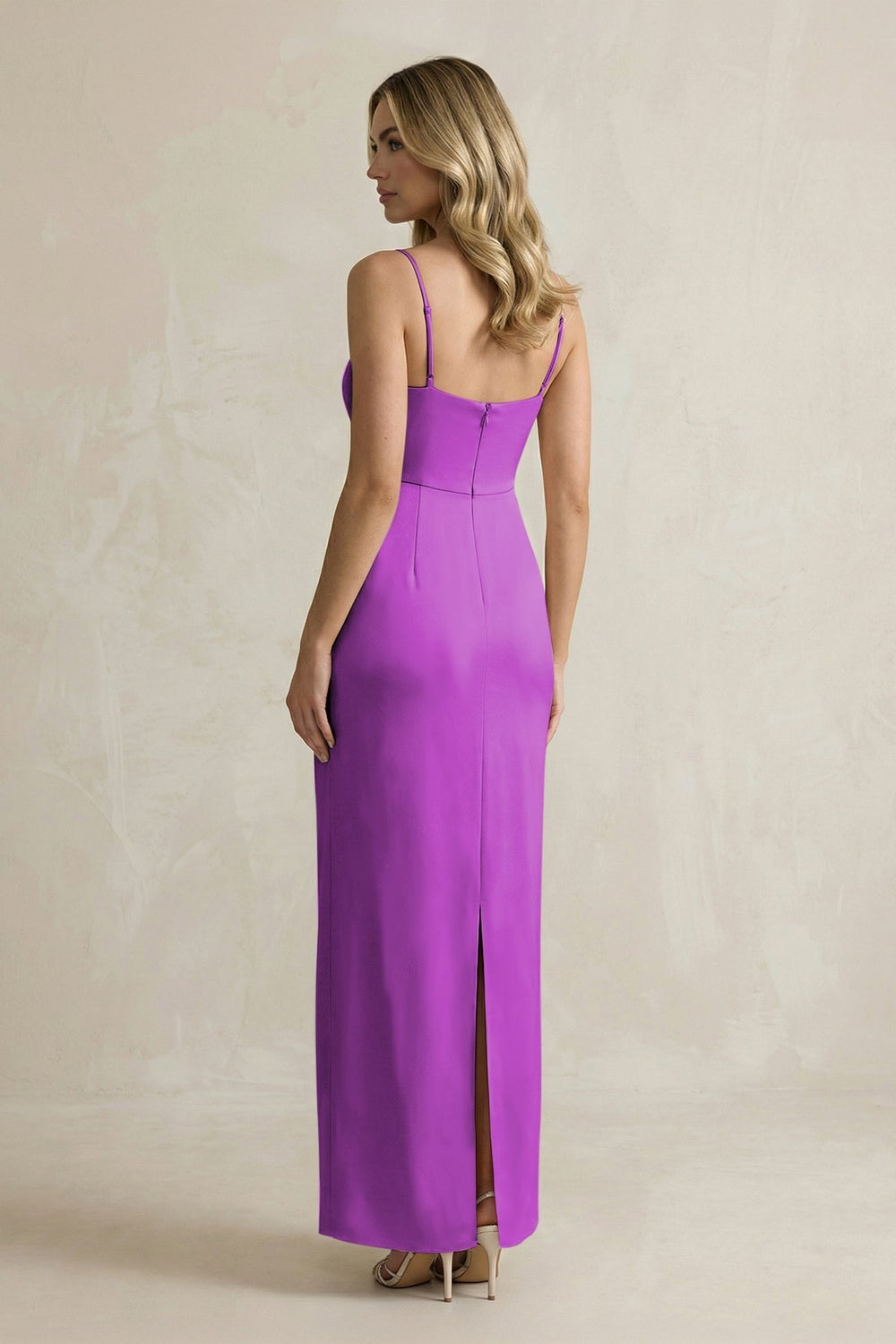 Sheath Spaghetti Straps Satin Bridesmaid Dress in Amethyst - KissProm Bridesmaid Dresses