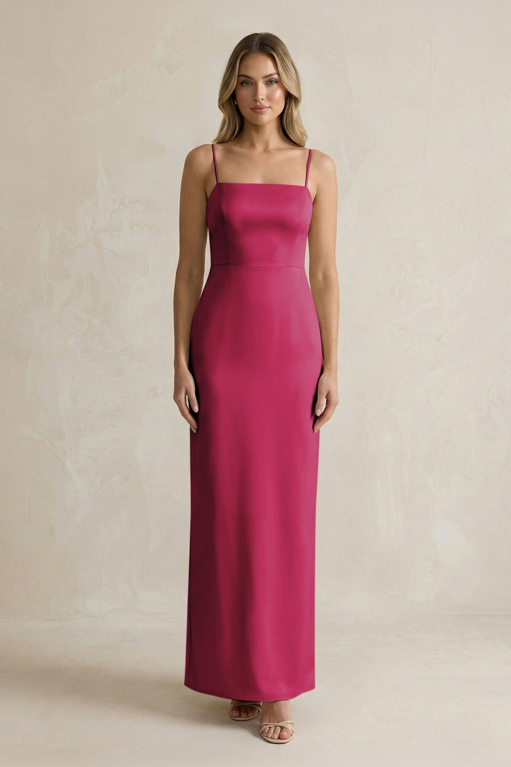 Sheath Spaghetti Straps Satin Bridesmaid Dress in Berry - KissProm Bridesmaid Dresses