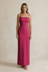 Sheath Spaghetti Straps Satin Bridesmaid Dress in Berry - KissProm Bridesmaid Dresses