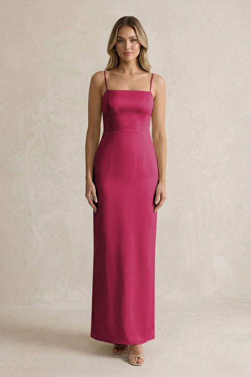 Sheath Spaghetti Straps Satin Bridesmaid Dress in Berry - KissProm Bridesmaid Dresses