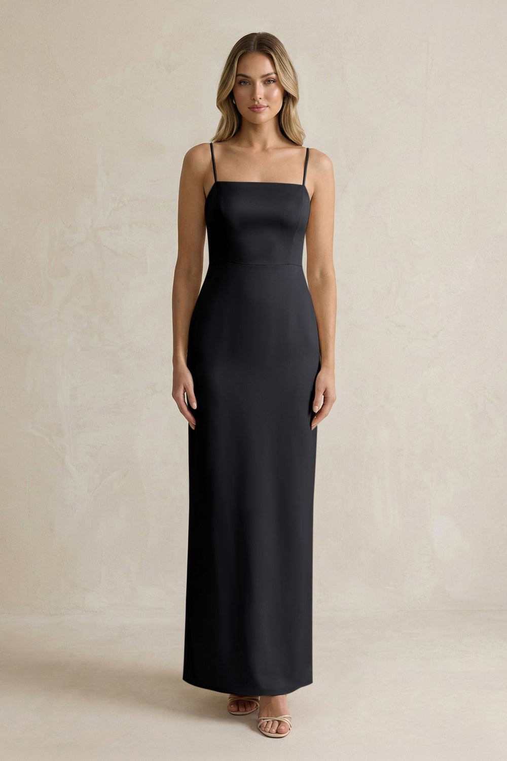 Sheath Spaghetti Straps Satin Bridesmaid Dress in Black - KissProm Bridesmaid Dresses