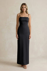 Sheath Spaghetti Straps Satin Bridesmaid Dress in Black - KissProm Bridesmaid Dresses
