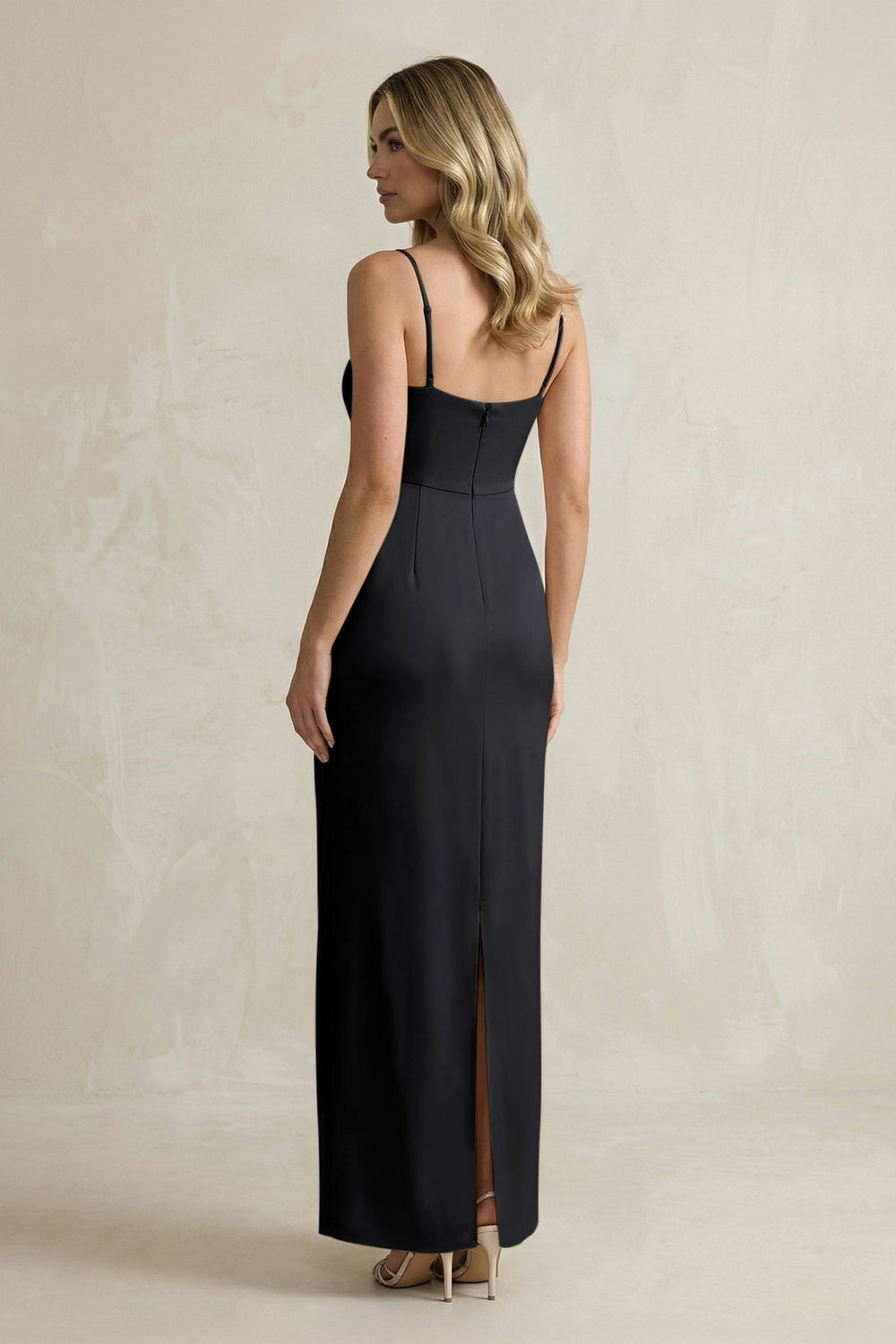Sheath Spaghetti Straps Satin Bridesmaid Dress in Black - KissProm Bridesmaid Dresses