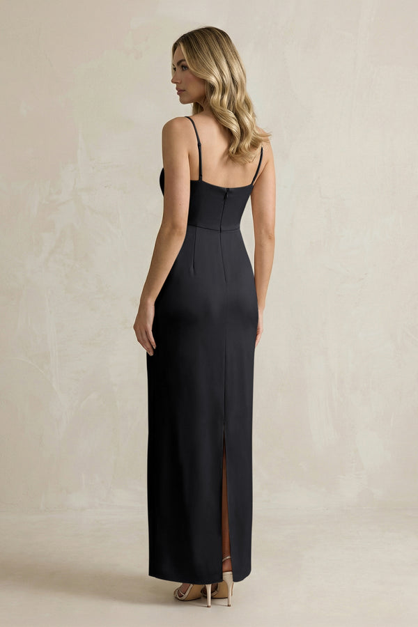 Sheath Spaghetti Straps Satin Bridesmaid Dress in Black - KissProm Bridesmaid Dresses