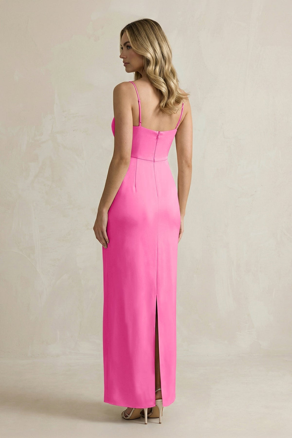 Sheath Spaghetti Straps Satin Bridesmaid Dress in Bon Bon Pink - KissProm Bridesmaid Dresses