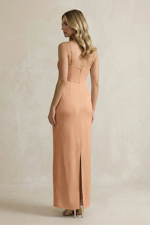 Sheath Spaghetti Straps Satin Bridesmaid Dress in Bronzer - KissProm Bridesmaid Dresses
