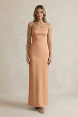 Sheath Spaghetti Straps Satin Bridesmaid Dress in Bronzer - KissProm Bridesmaid Dresses