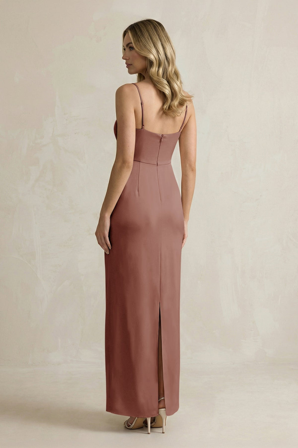 Sheath Spaghetti Straps Satin Bridesmaid Dress in Brown - KissProm Bridesmaid Dresses