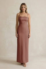 Sheath Spaghetti Straps Satin Bridesmaid Dress in Brown - KissProm Bridesmaid Dresses
