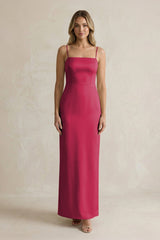 Sheath Spaghetti Straps Satin Bridesmaid Dress in Burgundy - KissProm Bridesmaid Dresses