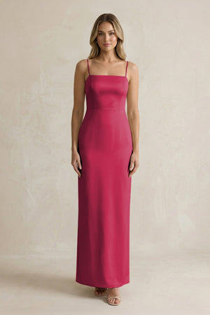 Sheath Spaghetti Straps Satin Bridesmaid Dress in Burgundy - KissProm Bridesmaid Dresses