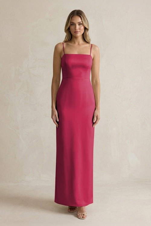 Sheath Spaghetti Straps Satin Bridesmaid Dress in Burgundy - KissProm Bridesmaid Dresses