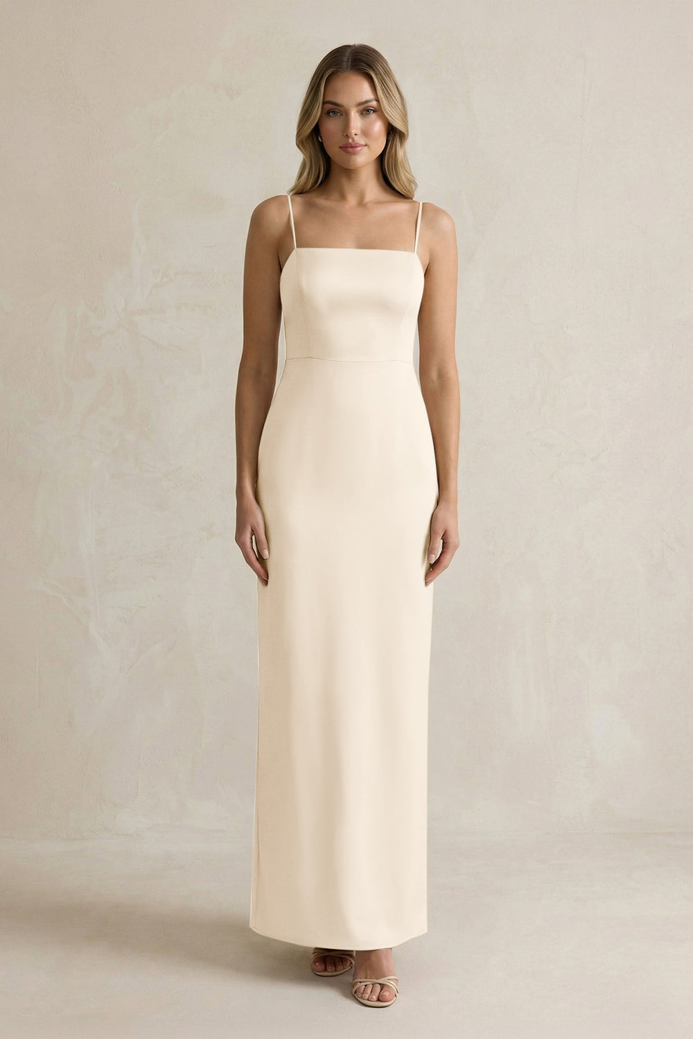 Sheath Spaghetti Straps Satin Bridesmaid Dress in Buttercream - KissProm Bridesmaid Dresses