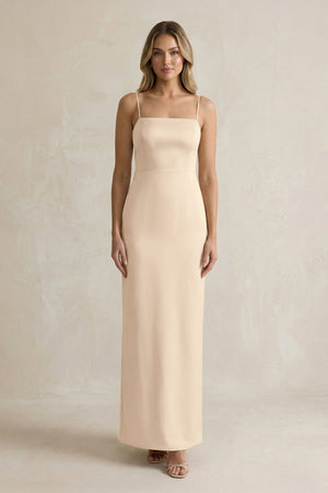 Sheath Spaghetti Straps Satin Bridesmaid Dress in Champagne - KissProm Bridesmaid Dresses
