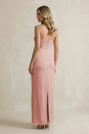 Sheath Spaghetti Straps Satin Bridesmaid Dress in Champagne Rose - KissProm Bridesmaid Dresses