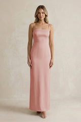 Sheath Spaghetti Straps Satin Bridesmaid Dress in Champagne Rose - KissProm Bridesmaid Dresses